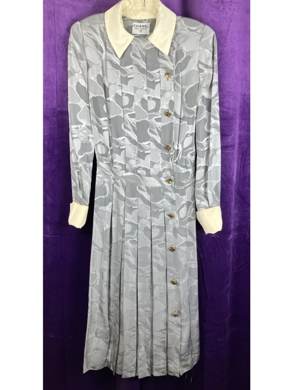 Vintage 80s Chanel Silk Flapper Asymmetric Button Pleat Dress Gray Clover Button